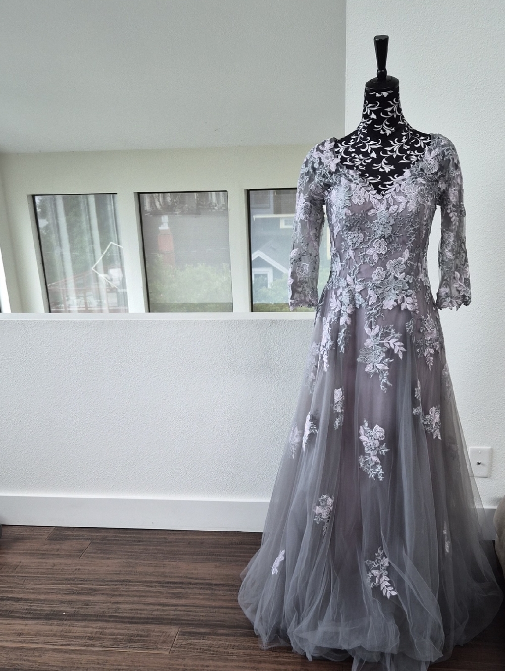 La Femme Gray Lace Appliqué Long Sleeve Tulle Gown